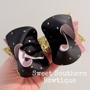 Navy Gold Pink Polka Dot Boutique Hair Bow With Glitter Tails